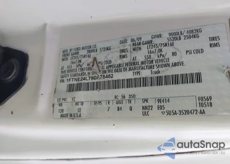 2009 Ford E-250 Commercial/Recreational из США, поврежденный, VIN 1FTNE24L79DA78482